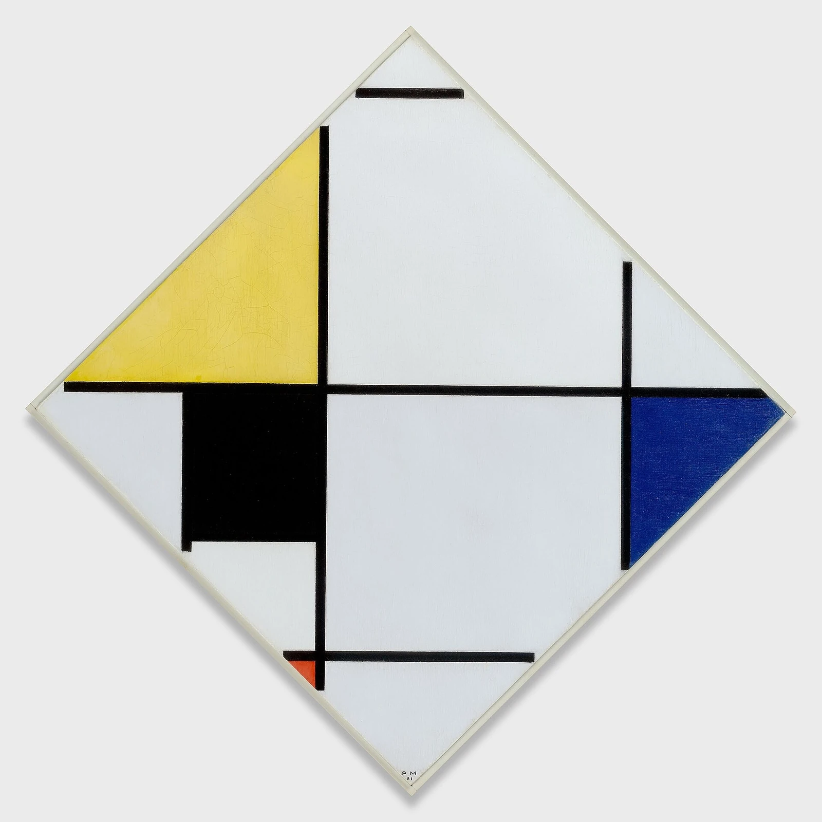 A square white tile, rotated 90 degrees, crossed by black lines intersecting at 90-degree angles. A few of the shapes thus formed—some partial squares, some rectangles—are colored in a single shade of yellow, blue, black, or red.
