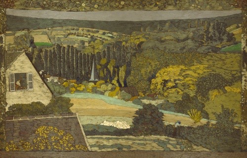 Dense and varied landscape with open fields, groves of bushy trees, and a row of thin conifers. A light-blue river tranverses the canvas, and a church steeple emerges from the trees at left of center. At far left is a side view of a white house with open shutters, a woman working inside.