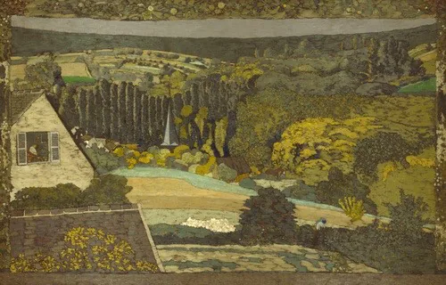 Dense and varied landscape with open fields, groves of bushy trees, and a row of thin conifers. A light-blue river tranverses the canvas, and a church steeple emerges from the trees at left of center. At far left is a side view of a white house with open shutters, a woman working inside.