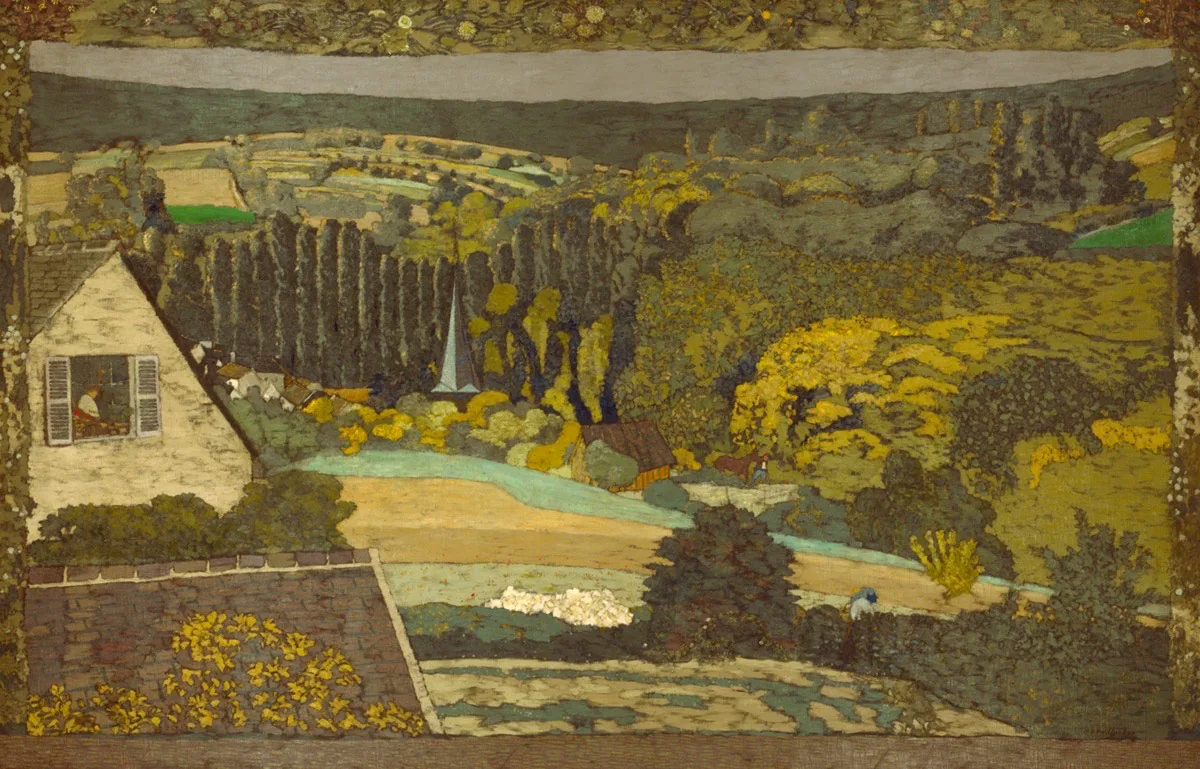 Dense and varied landscape with open fields, groves of bushy trees, and a row of thin conifers. A light-blue river tranverses the canvas, and a church steeple emerges from the trees at left of center. At far left is a side view of a white house with open shutters, a woman working inside.
