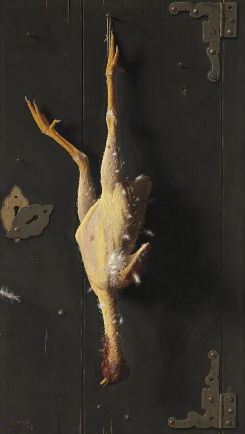 A plucked chicken, a few stray feathers remaining, hangs upside-down by one foot, illuminated. Behind it the metal hinges and wood panels of a door are visible.