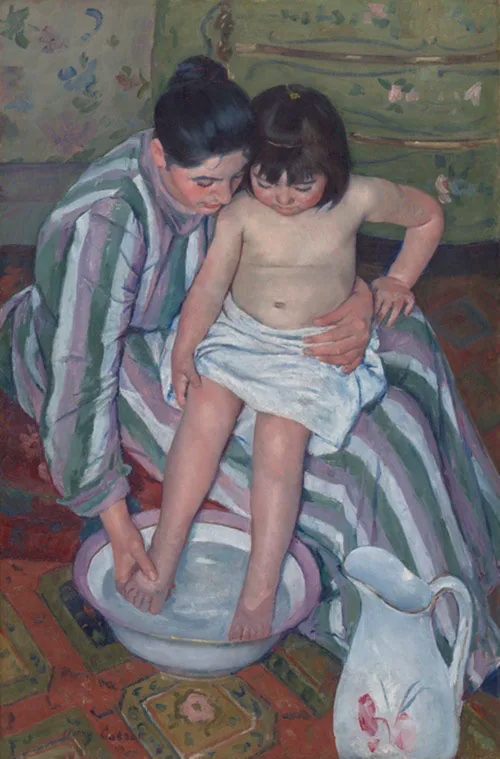 Painting of mother in blue, purple, and green-stripped dress washing child's feet.