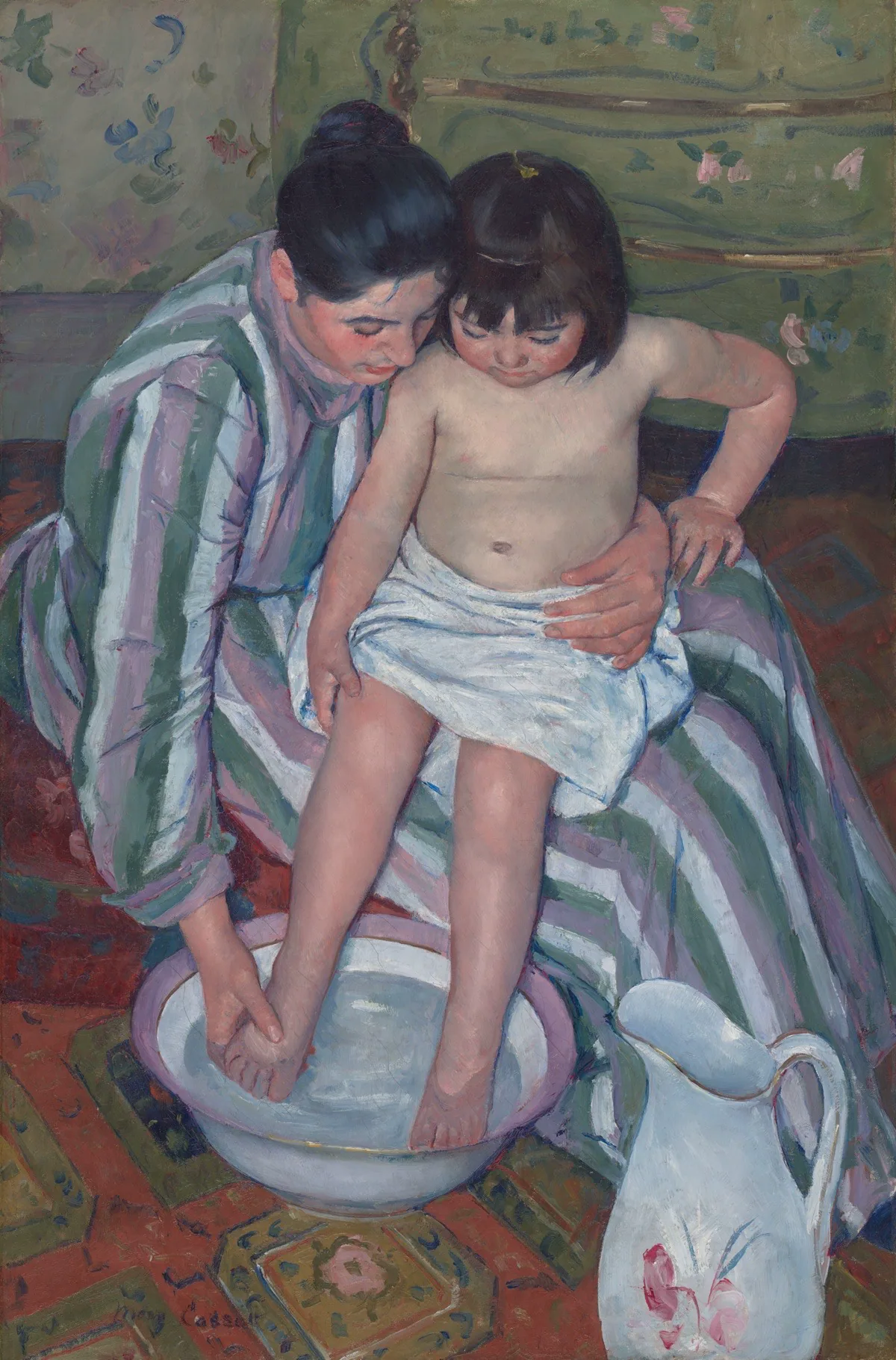 Painting of mother in blue, purple, and green-stripped dress washing child's feet.