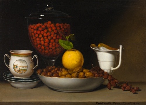 Still life painting of strawberries, nuts, lemon, and porcelain vessels.