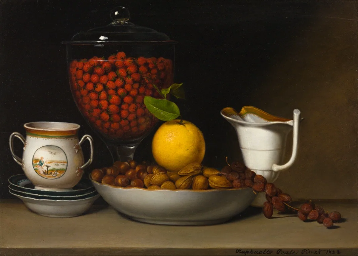 Still life painting of strawberries, nuts, lemon, and porcelain vessels.