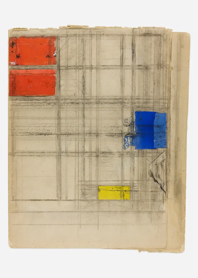 A work made of collage of cut and pasted papers, prepared with gouache and charcoal, on pieced cream wove newsprint in three parts with charcoal on verso.