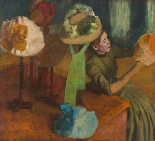 Impressionist painting of woman wearing green dress trying on hats.