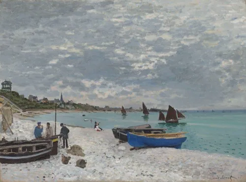 Painting of a beach on a cloudy day with several sailboats on the water, a few rowboats on the shore, and two groupings of people on the sand.