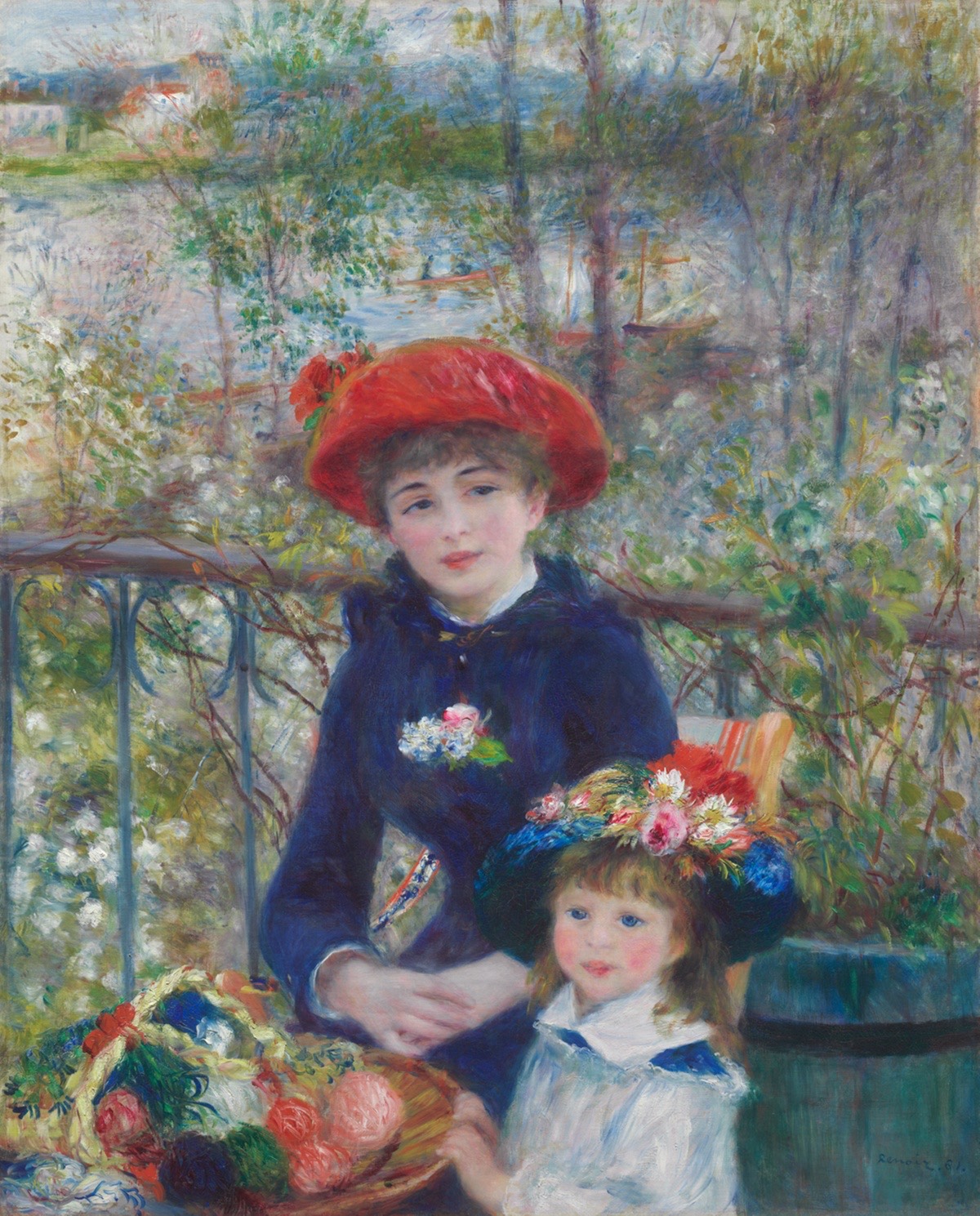 Impressionist painting of two girls on balcony, bright flower hat, knitting basket.