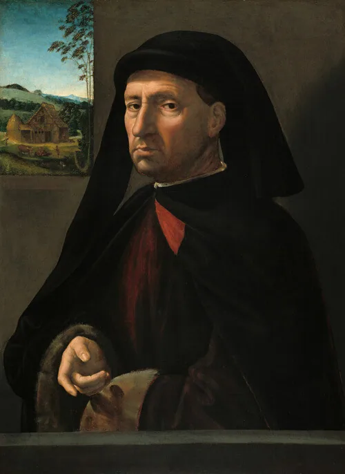 A work made of oil, with tempera (?), on panel, transferred to canvas.