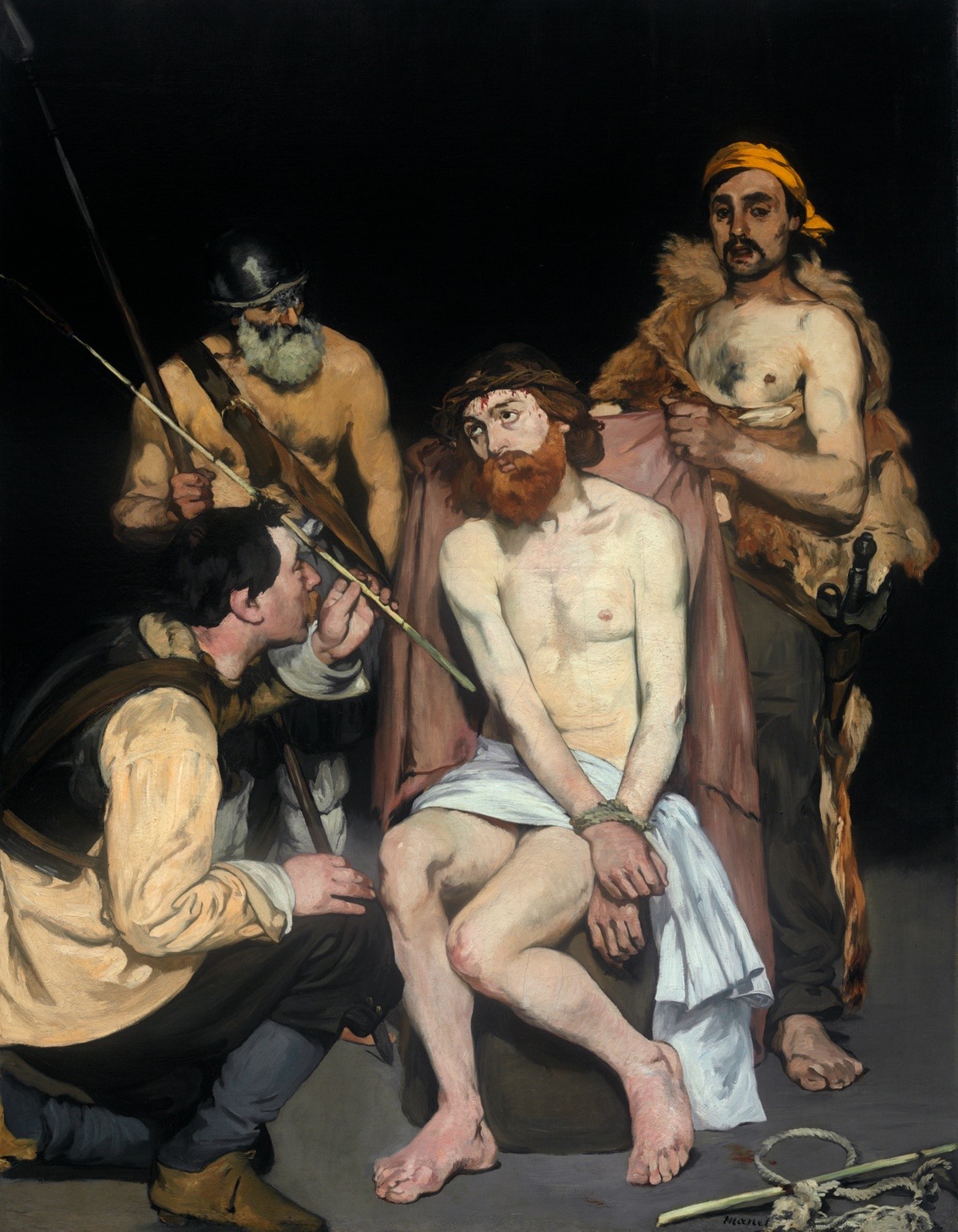 Large, dark painting of Jesus sitting with three standing soldiers.