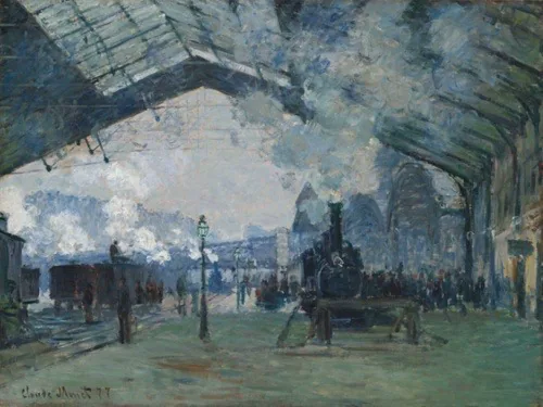 Loosely painted image of an open-air train station. On the right, a parked train gives off an enormous plumb of white smoke, making the scene look as though it were full of clouds. A huddled mass of barely discernible people crowd around the train on both sides of the tracks. Blue, green, and gray tones dominate.