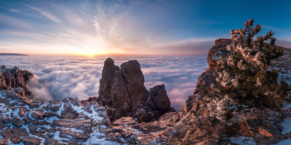 Panorama of the winter dawn on Ai-Petri. Autonomous Republic of Crimea, Ukraine.