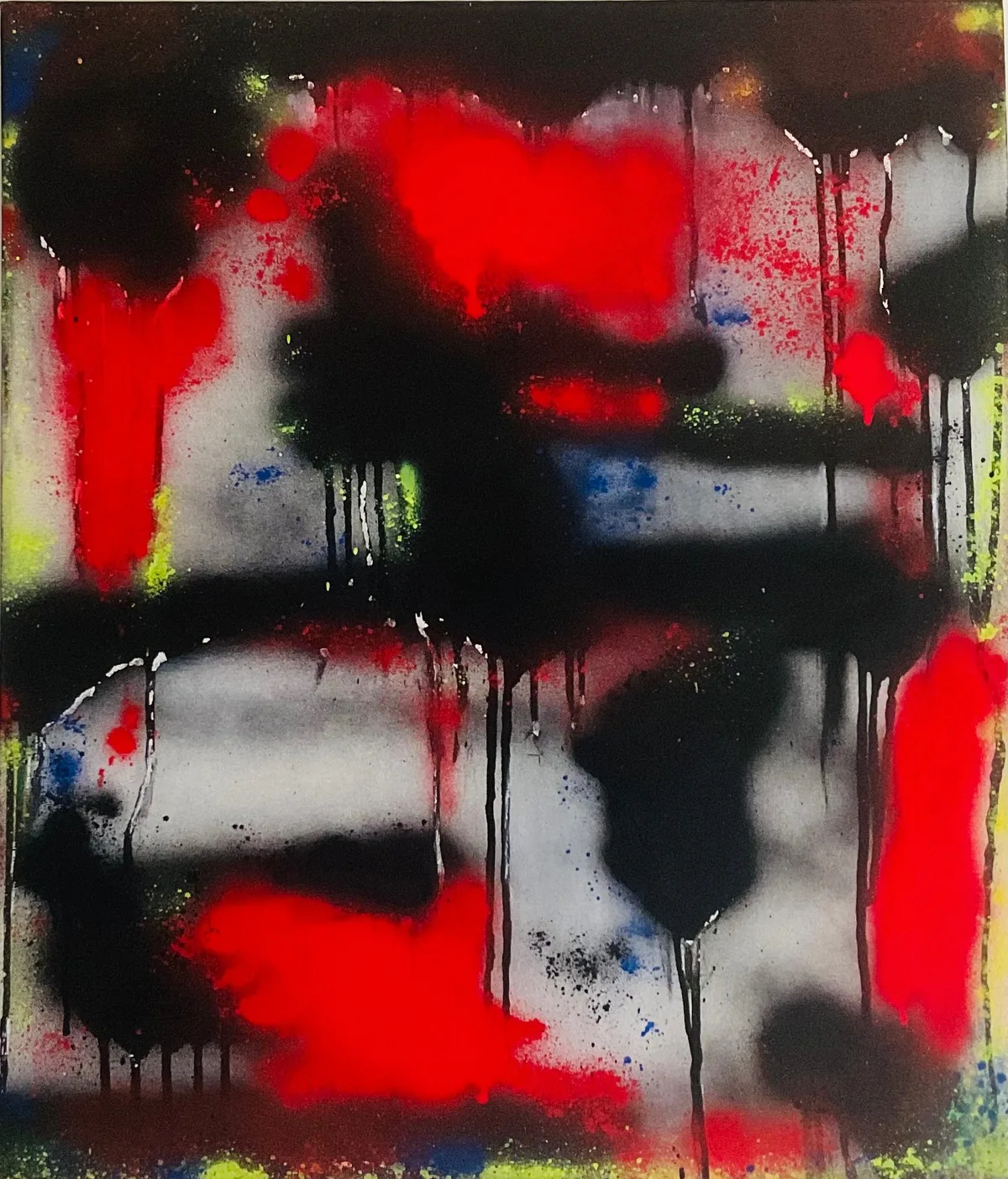 Freedom by Rosaria Valenti, 2025. Soft black clouds, saturated red and neon yellow-green flecks over grey, with drips running down the canvas.