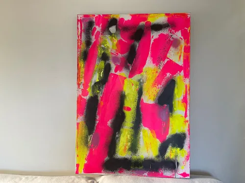 Rebellion Sunset by Rosaria Valenti, 2025. Neon pink and acid yellow strokes with black spray, the white of the canvas left showing between them.