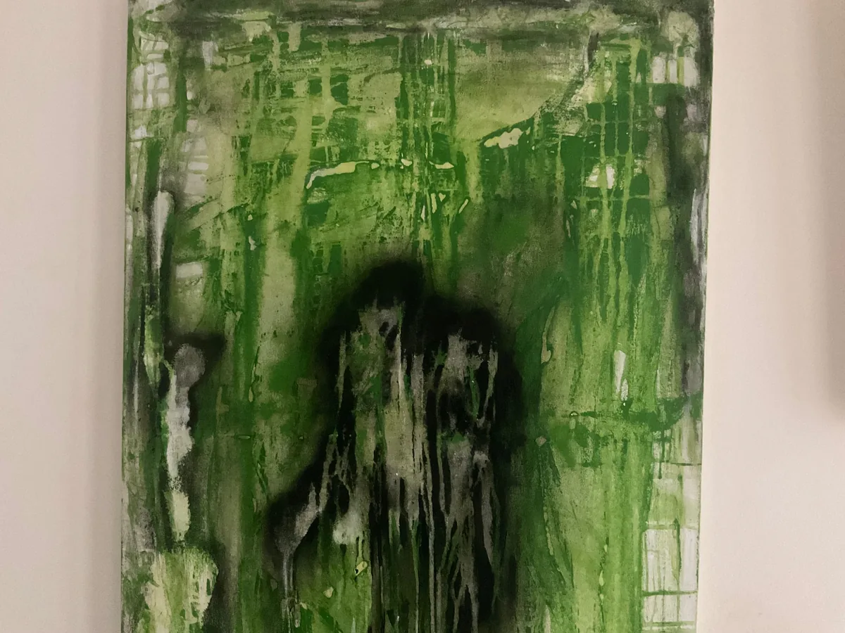 Unbound by Rosaria Valenti, 2026. Layers of green with long vertical runs and a grid of marks; a dark cloud with a pale shape inside it low in the centre.