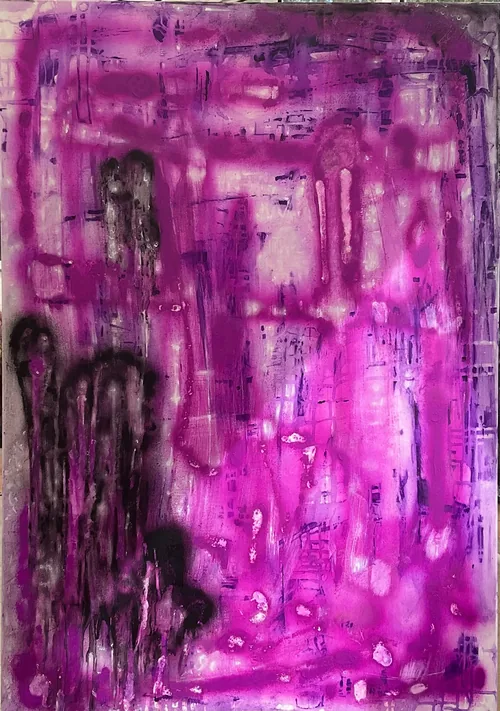 Echo by Rosaria Valenti, 2026. Magenta and violet haze with fine scratched marks, pale spots, and black drips along the left edge.