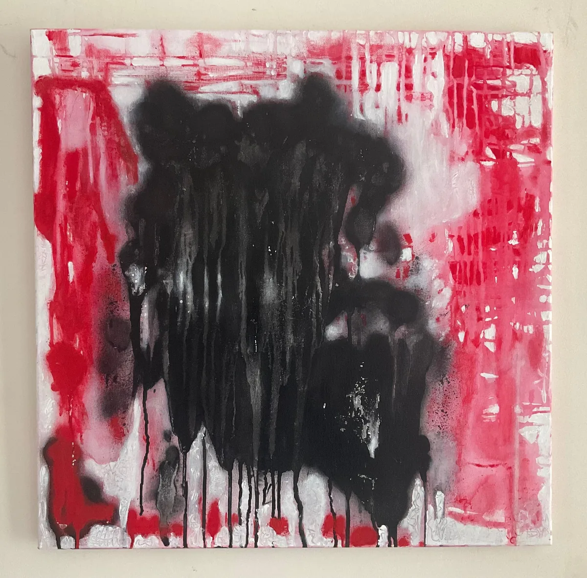 Held by Rosaria Valenti, 2026. Red and white scraped like a wall at the edges, and a large black mass with heavy drips in the centre.