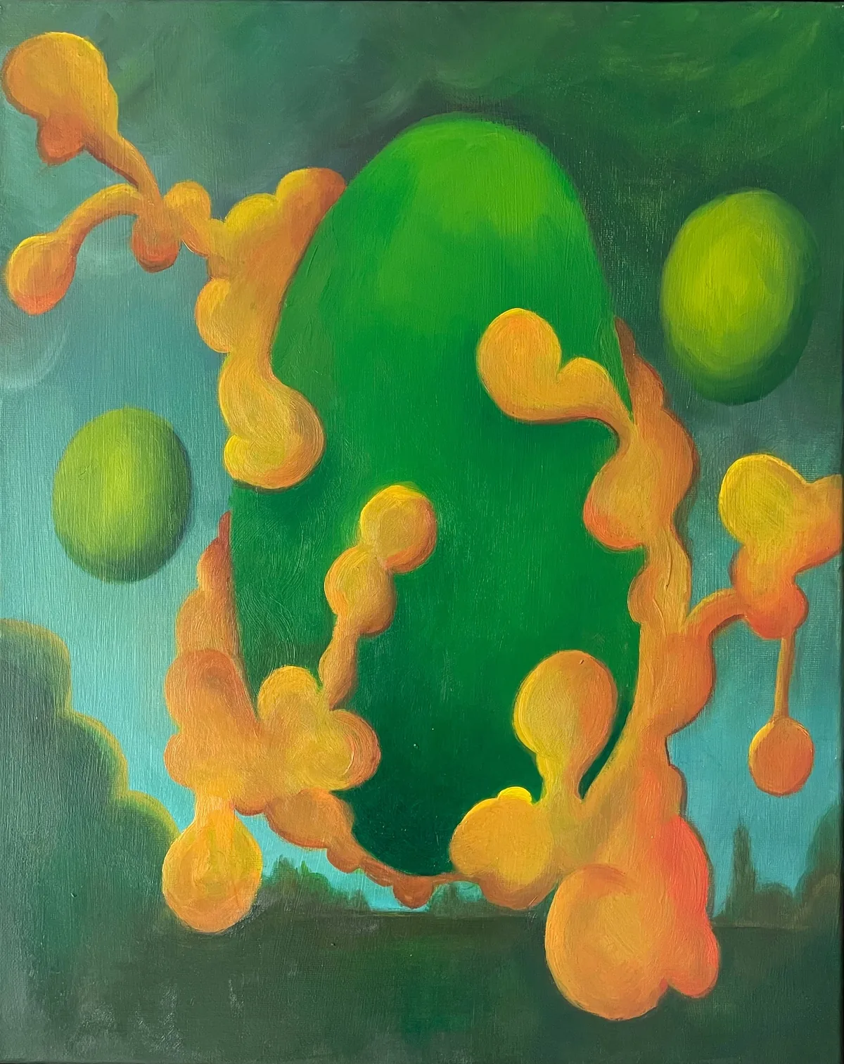 Protected by Richard Pearson, 2026. A large green egg-shaped form is wrapped by looping orange shapes, with smaller lime ovals and a turquoise sky above a dark horizon.