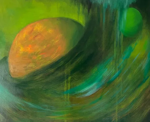 Orbiting the Sun by Richard Pearson, 2026. A glowing orange-gold sphere sits in a sweeping vortex of green and teal, with a smaller green orb at the upper right.