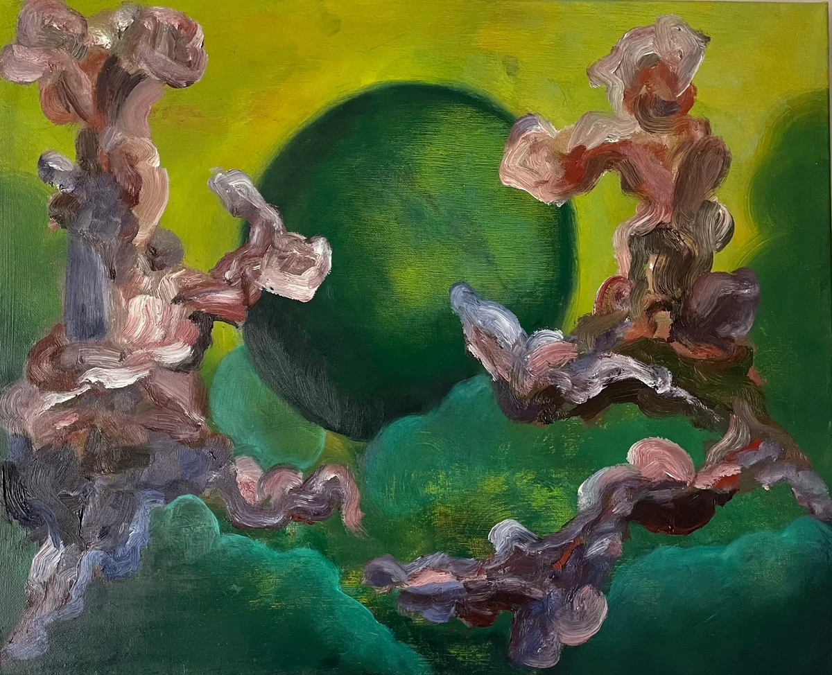 Cloud Dancers by Richard Pearson, 2026. Thick, pale pink and grey impasto shapes twist like dancers around a large dark green sphere on a yellow-green ground.