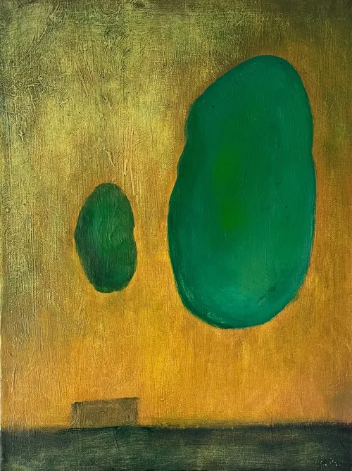 Drifting Forms by Richard Pearson, 2026. Two green ovals of different sizes drift over a scraped golden ground, above a dark horizon with a small box-like shape.