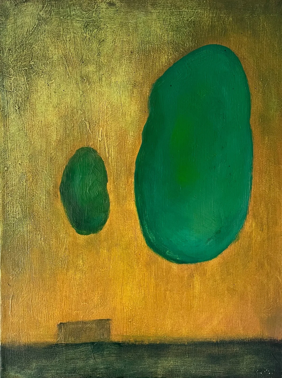 Drifting Forms by Richard Pearson, 2026. Two green ovals of different sizes drift over a scraped golden ground, above a dark horizon with a small box-like shape.