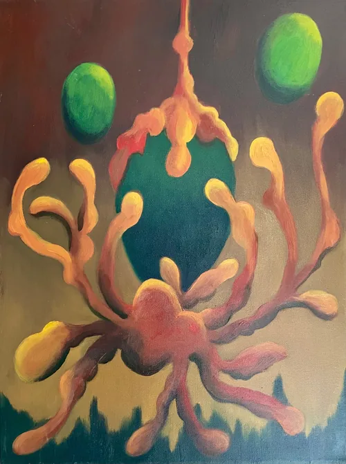 The Crab by Richard Pearson, 2026. An orange-pink, crab-like creature with branching limbs hangs from a thread beneath two lime orbs, framing a dark teal oval.