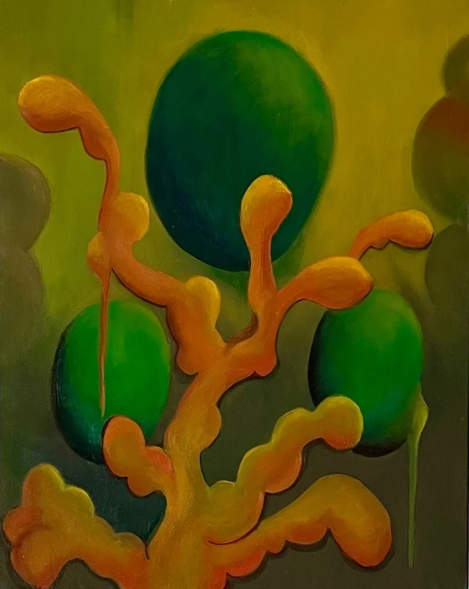 The Favourite by Richard Pearson, 2026. Three dark green ovals float above a branching orange form that grows like coral against an olive ground.