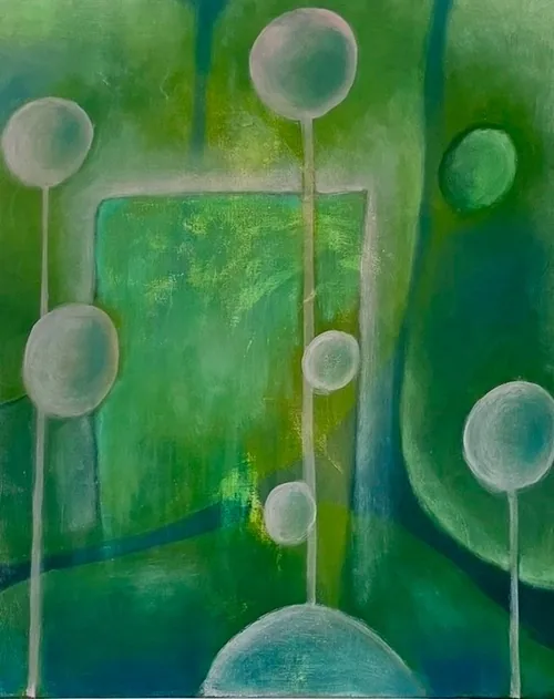 Emerald City by Richard Pearson, 2026. Pale round forms on tall stems stand before a green rectangle like a doorway, in layered greens and turquoise.