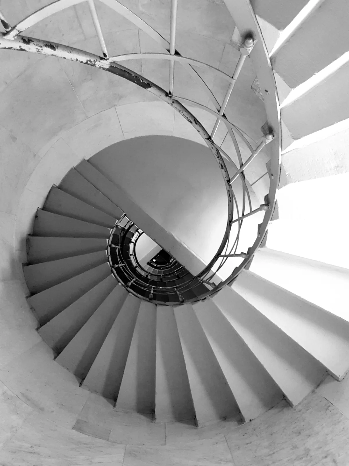 White spiral stair from above, treads fanning around a dark centre