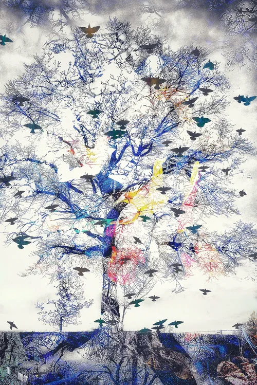 Echoes of Flight by Stephen Spartana. A bare tree in blue linework against a pale sky, with dark birds scattered through its branches and traces of pink and gold.