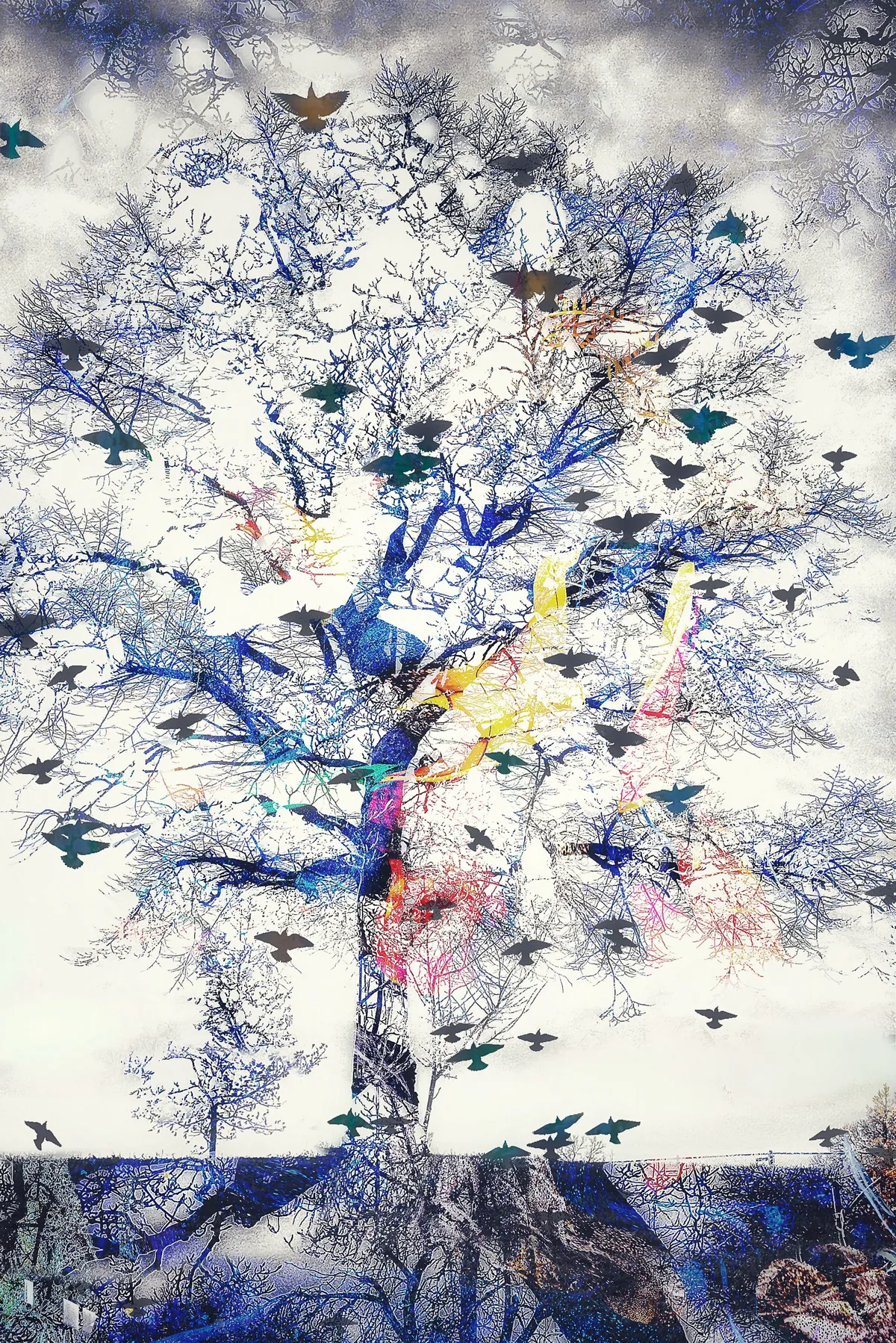 Echoes of Flight by Stephen Spartana. A bare tree in blue linework against a pale sky, with dark birds scattered through its branches and traces of pink and gold.