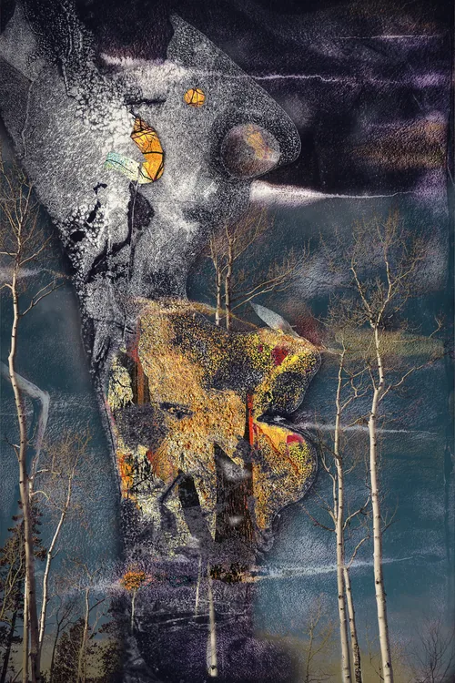 Passing Thoughts by Stephen Spartana. Bare birch trunks rise through a grey, cracked, mask-like figure against a dark blue sky.