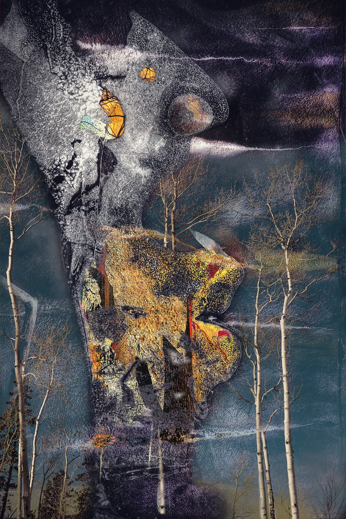 Passing Thoughts by Stephen Spartana. Bare birch trunks rise through a grey, cracked, mask-like figure against a dark blue sky.