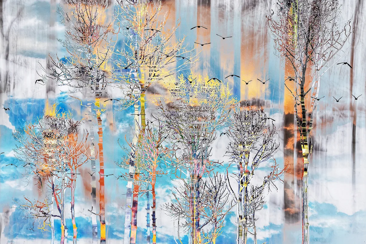 Whisper in the Woods by Stephen Spartana. Pale birch trees with fine branches and small birds against streaked sky-blue and white.