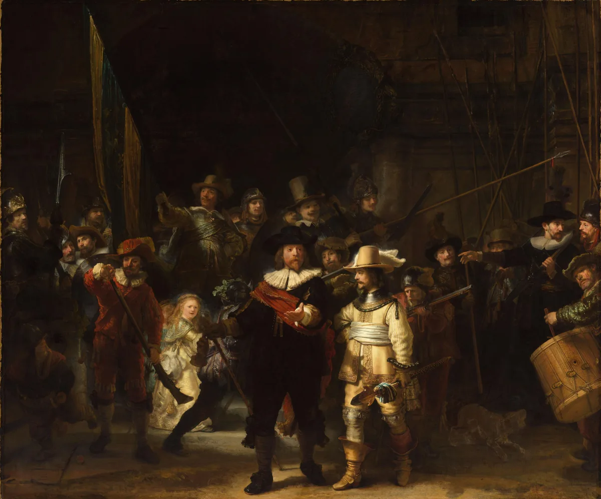 A militia company spills out of a dark archway: a captain in black with a red sash and his lieutenant in pale gold lead men with pikes, muskets and a banner, a small girl lit in gold among them.