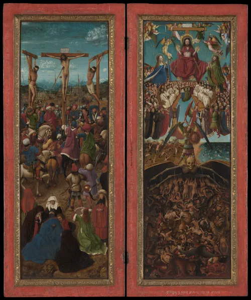 Two tall narrow panels in red frames: on the left Christ crucified above a crowd and the mourning women; on the right Christ in judgment above the saved, with a skeletal Death spreading over the damned in hell below.