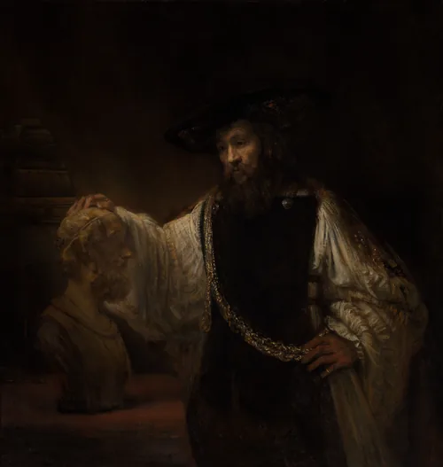 A bearded man in a black hat and wide white sleeves rests his hand on a marble bust of Homer, a heavy gold chain across his chest, in deep shadow.