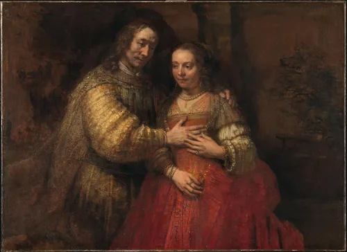 A man in a thickly painted golden sleeve tenderly lays his hand on the breast of a young woman in red, who touches his hand with her fingers.