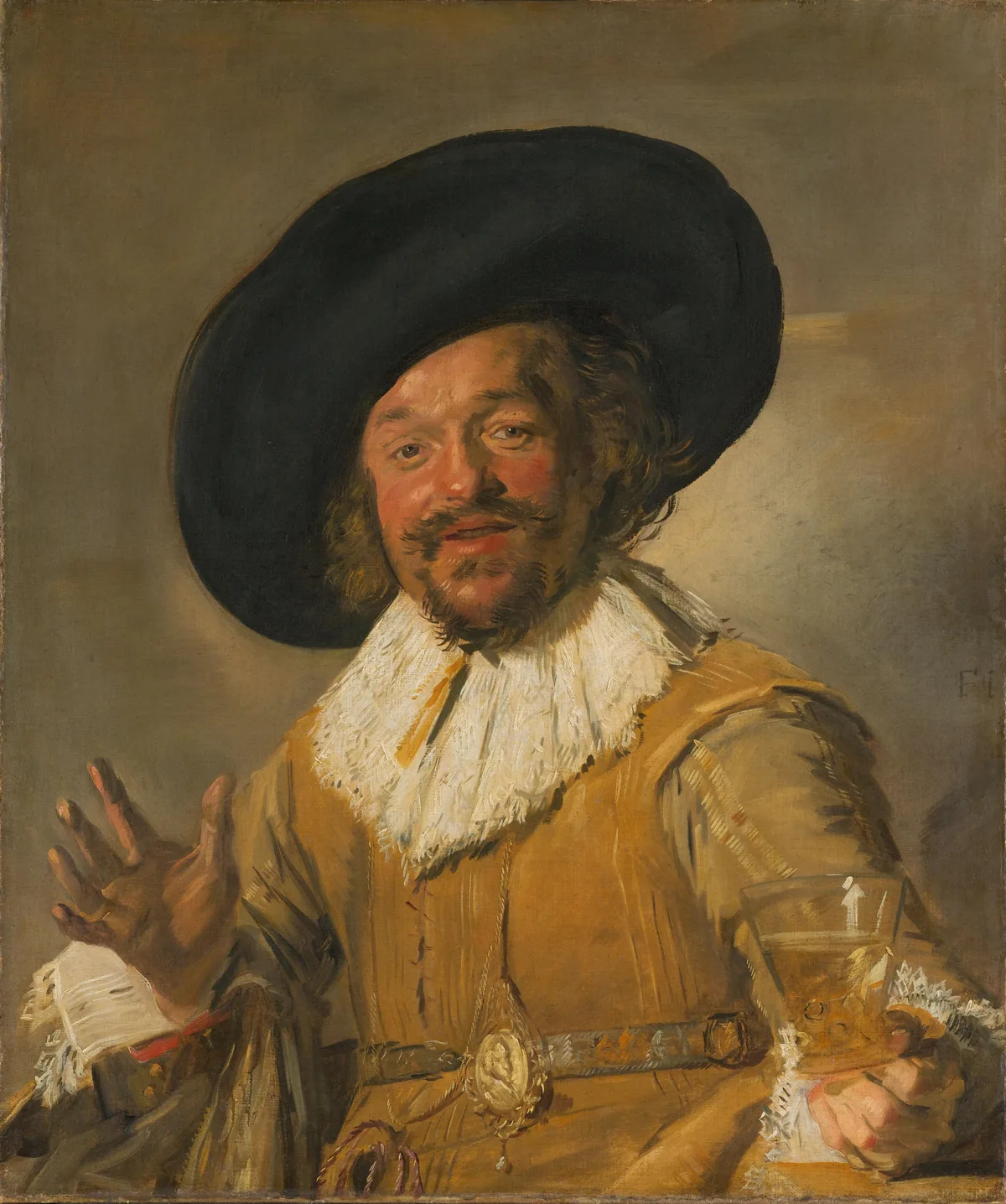 A red-cheeked man in a broad black hat raises a glass in one hand and gestures towards us with the other, caught mid-word.