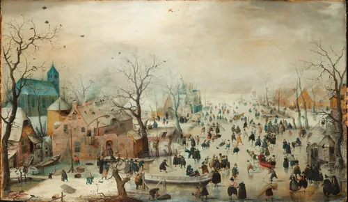 A frozen river crowded with tiny skaters, sledges, couples and people who have fallen on the ice, between a town, a tower and bare trees.