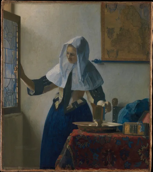 A young woman in a white linen hood opens a leaded window with one hand and holds a silver pitcher on a basin with the other, a map on the wall behind her.