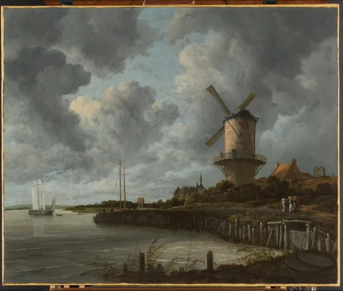 A tall dark windmill rises against a vast grey and white sky above a river shore, a few small figures on the bank and sails on the water.