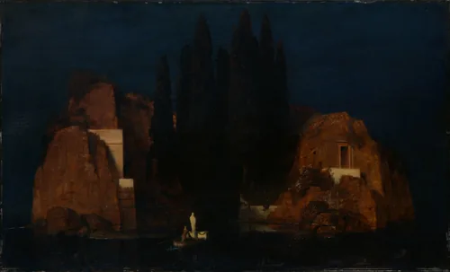 A small boat with a white-shrouded figure and a coffin rows towards a rocky island of tombs and tall dark cypresses on still black water.