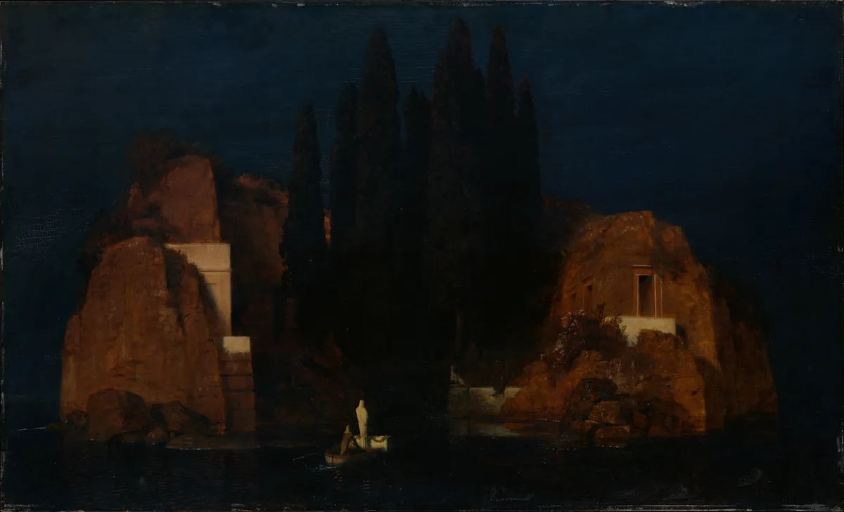 A small boat with a white-shrouded figure and a coffin rows towards a rocky island of tombs and tall dark cypresses on still black water.