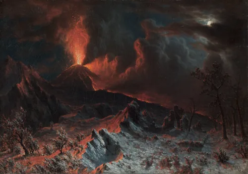Vesuvius erupts at night: a red glow of lava and fire under a smoking sky, black slopes of rock in the foreground and a small moon above.