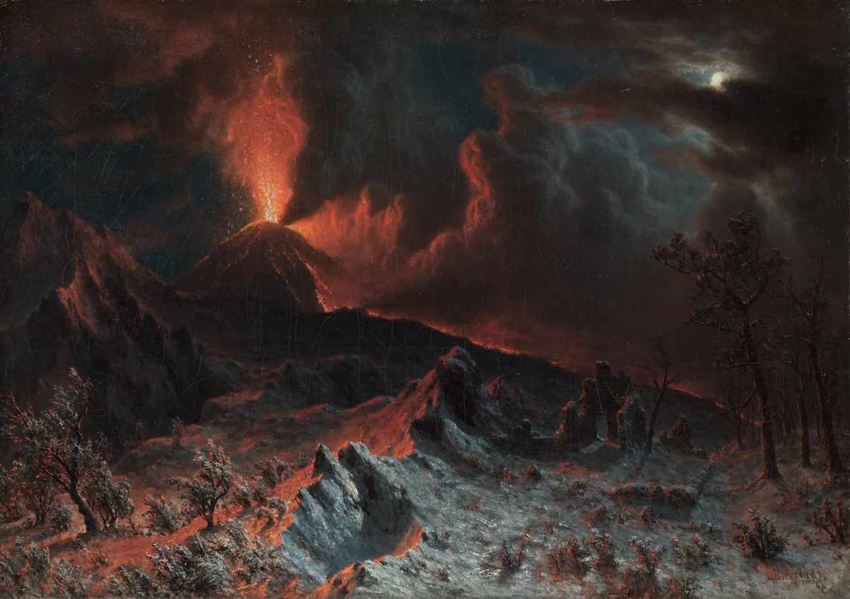 Vesuvius erupts at night: a red glow of lava and fire under a smoking sky, black slopes of rock in the foreground and a small moon above.