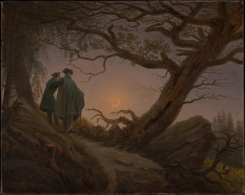 Two men in dark cloaks stand on a forest path beside a bare uprooted oak, seen from behind, watching a thin crescent moon and evening star.
