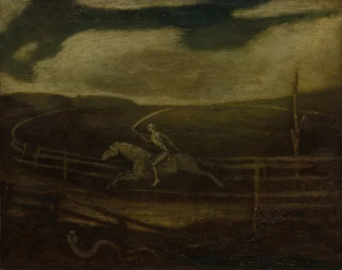 A skeleton with a scythe rides a pale horse around an empty racetrack under a dark, stormy sky; a snake lies in the foreground.